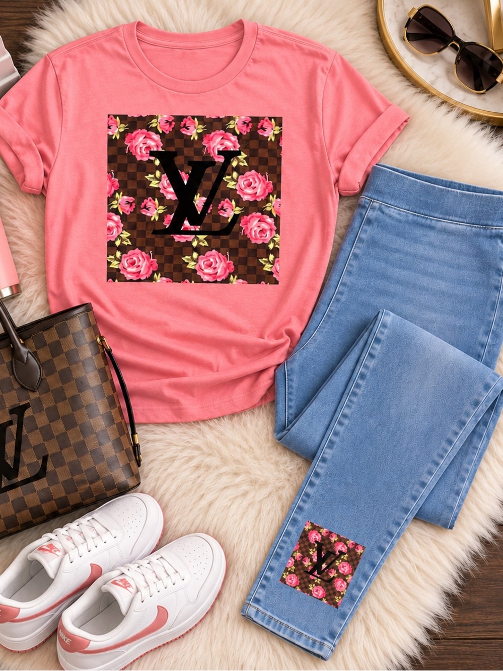 Pink Floral Logo Graphic Tee with Matching Jeggings - Women